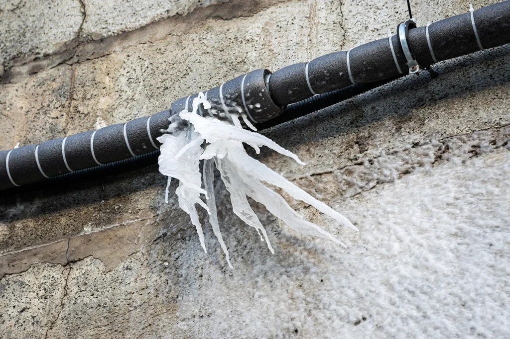 Frozen hose bib supply line showing ice buildup on exterior plumbing