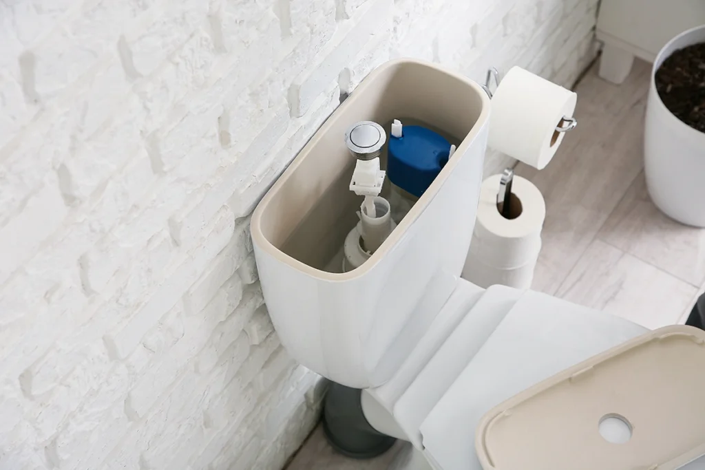 Toilet tank leaking repair showing open toilet tank components and fill valve