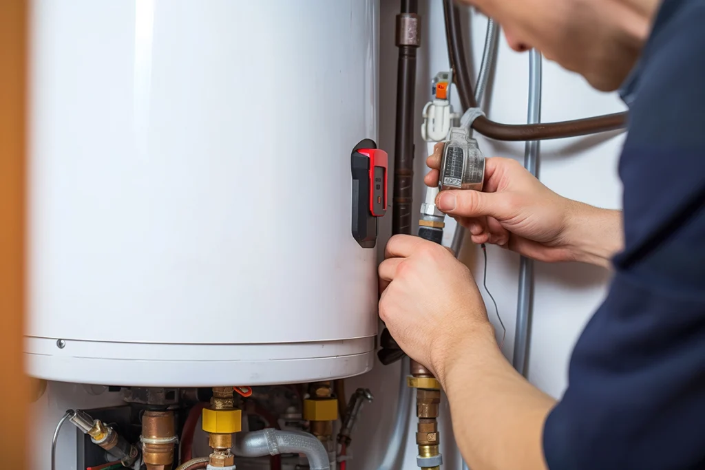 Technician inspecting a home water heater while explaining what a heat pump water heater is