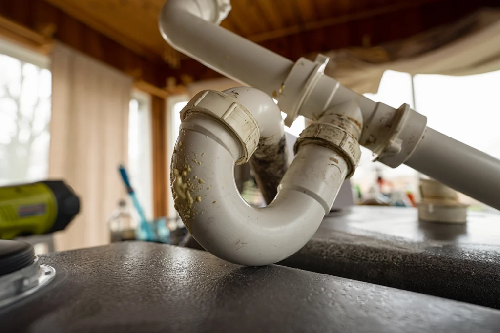 A white PVC P-trap pipe fitting under a bathroom sink showing mineral deposits and sediment buildup from hard water conditions.